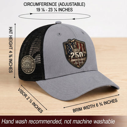 US 250th Anniversary Trucker Hat Vintage Liberty Shield Gray Leather Patch Cap