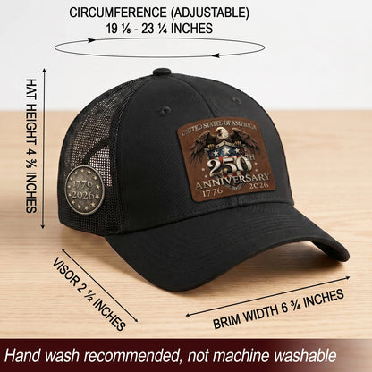 US 250th Anniversary Leather Patch Hat Patriotic Eagle Shield Black Trucker Cap