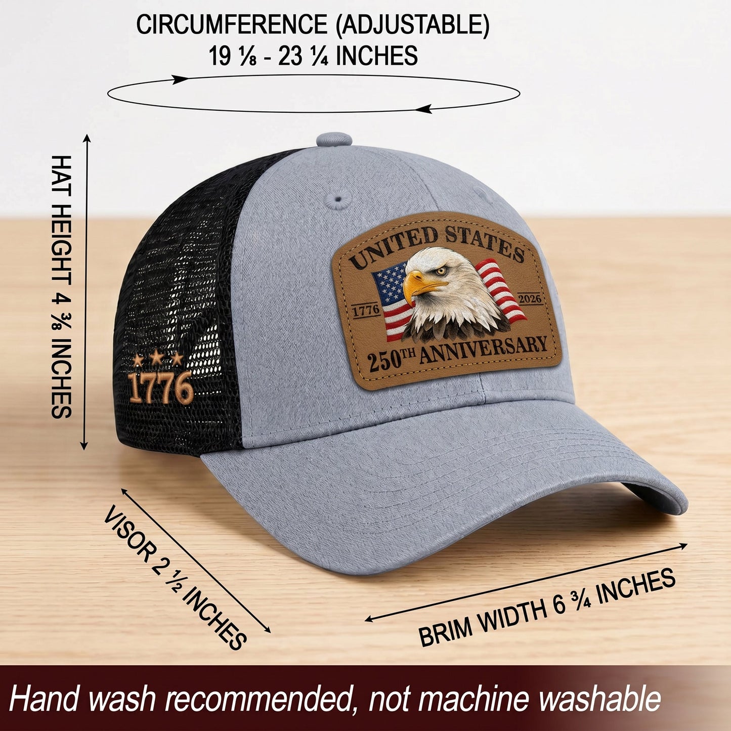 US 250th Anniversary Trucker Hat Patriotic American Eagle Leather Patch Gray Cap