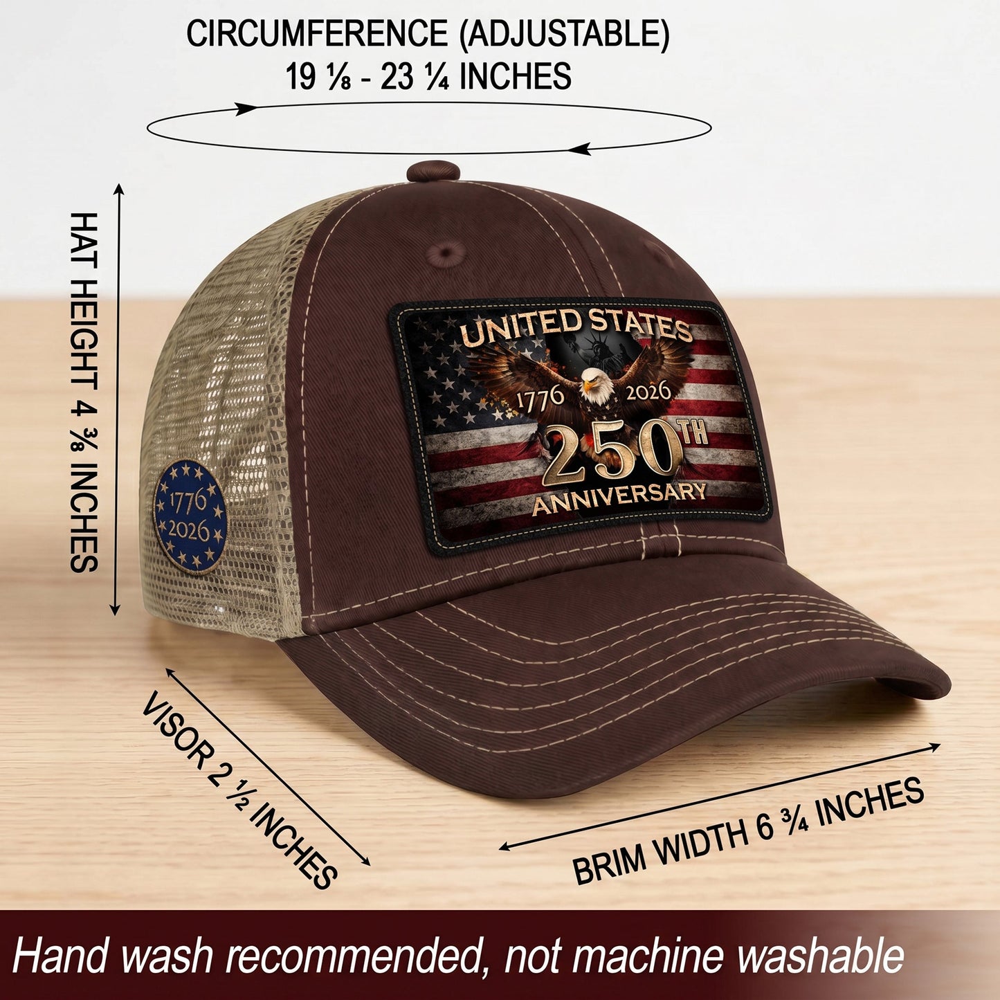 1776-2026 USA Commemorative Leather Patch Trucker Hat Majestic Eagle Mesh Back Cap