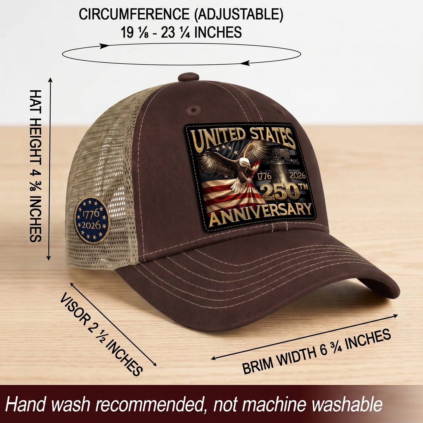 US 250th Anniversary Eagle Trucker Hat Vintage Leather Patch Patriotic Historic Cap