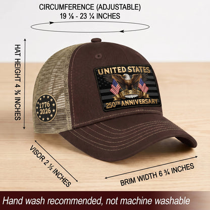 Brown Tan Mesh Back Cap Leather Patch 1776 to 2026 Structured Anniversary Hat
