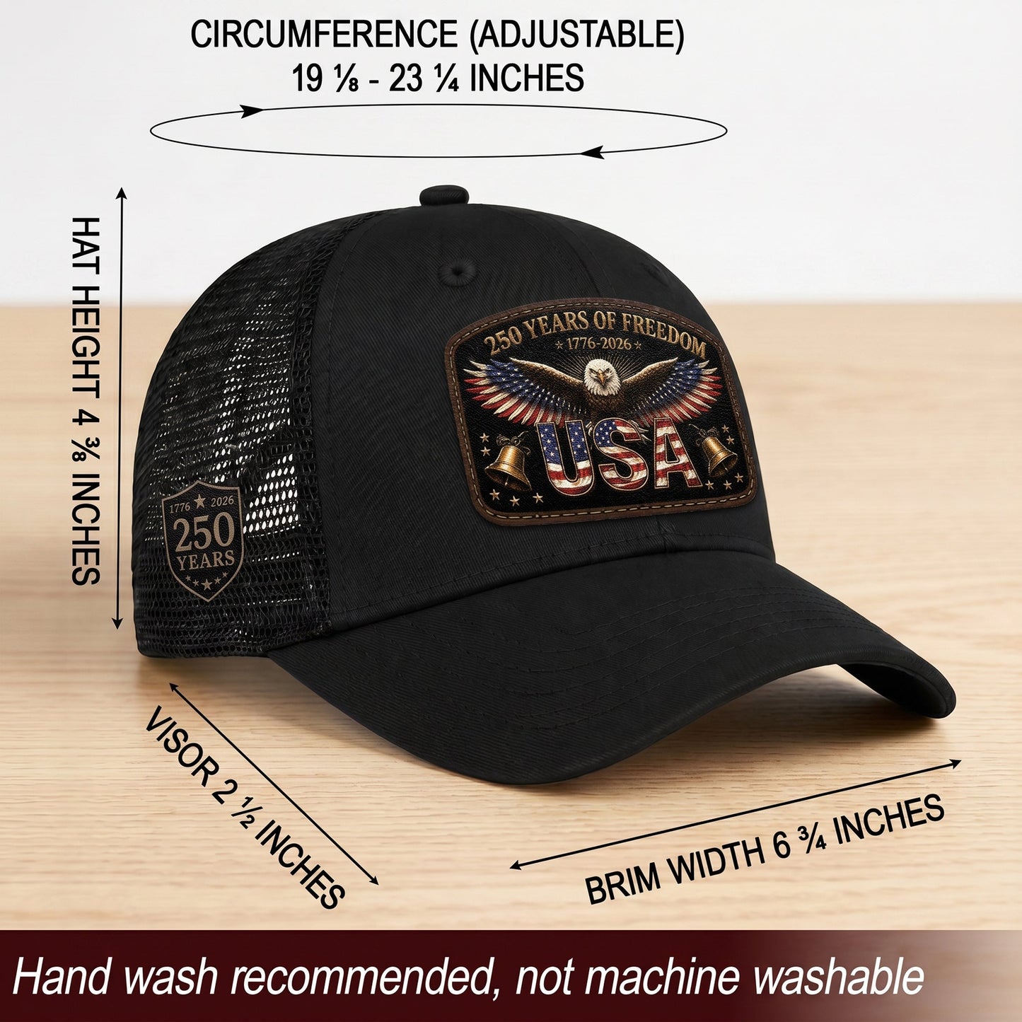 250th Anniversary Freedom Leather Patch Cap - Patriotic Black Trucker Hat