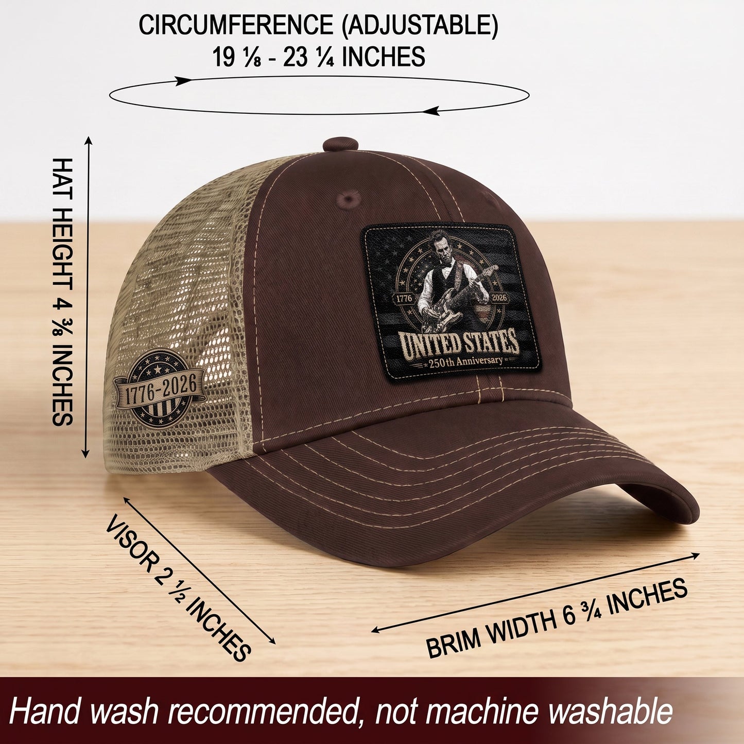 Brown Mesh Cap Abraham Lincoln Guitar 1776-2026 Anniversary Leather Patch Patriotic Hat