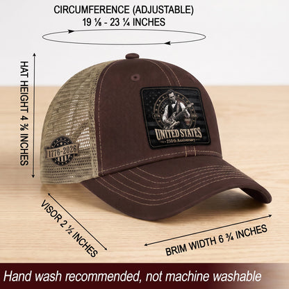 Brown Mesh Cap Abraham Lincoln Guitar 1776-2026 Anniversary Leather Patch Patriotic Hat