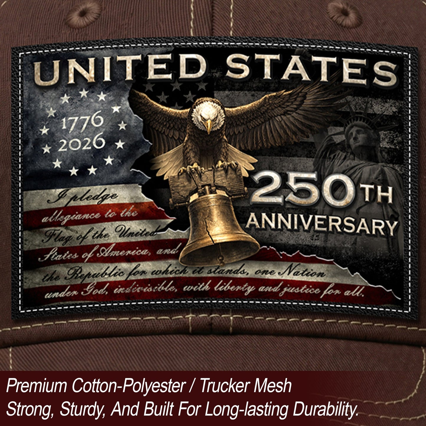 US 250th Anniversary Hat Pledge of Allegiance Liberty Bell Brown Trucker Cap