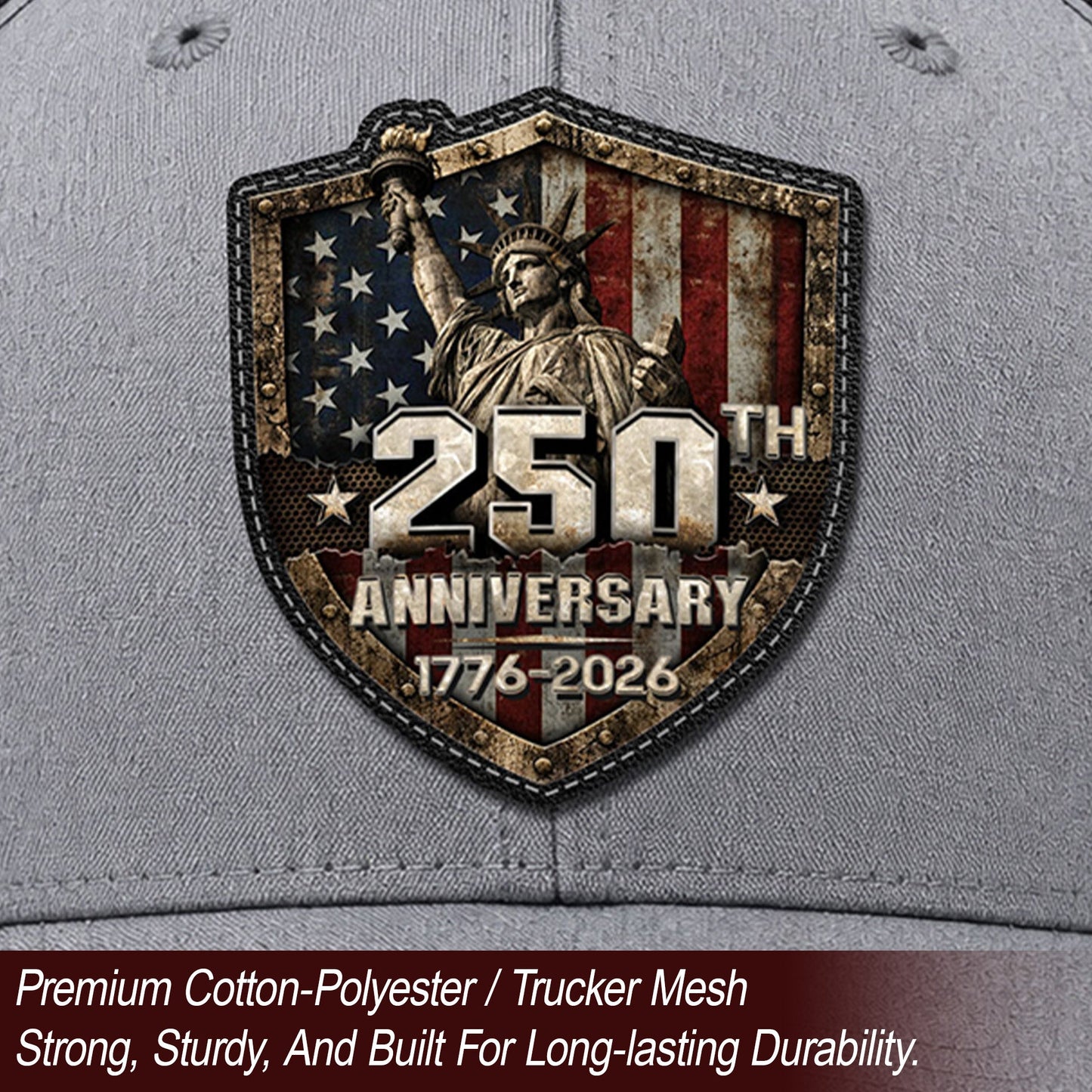 US 250th Anniversary Trucker Hat Vintage Liberty Shield Gray Leather Patch Cap