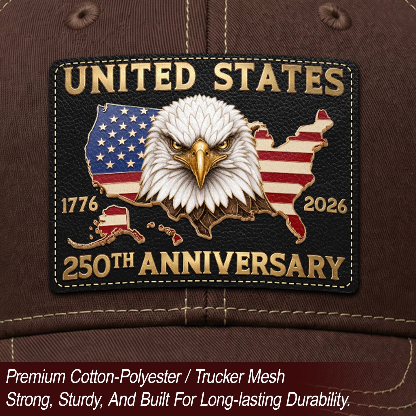 US 250th Anniversary Trucker Hat Vintage American Eagle Leather Patch Brown Cap