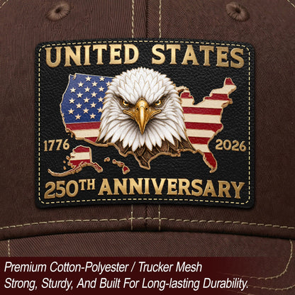 US 250th Anniversary Trucker Hat Vintage American Eagle Leather Patch Brown Cap
