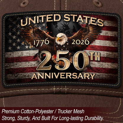 1776-2026 USA Commemorative Leather Patch Trucker Hat Majestic Eagle Mesh Back Cap