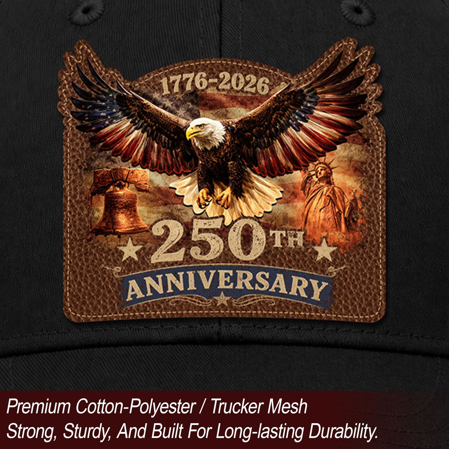1776-2026 USA Heritage Leather Patch Trucker Cap Patriotic Eagle & Liberty Bell Hat