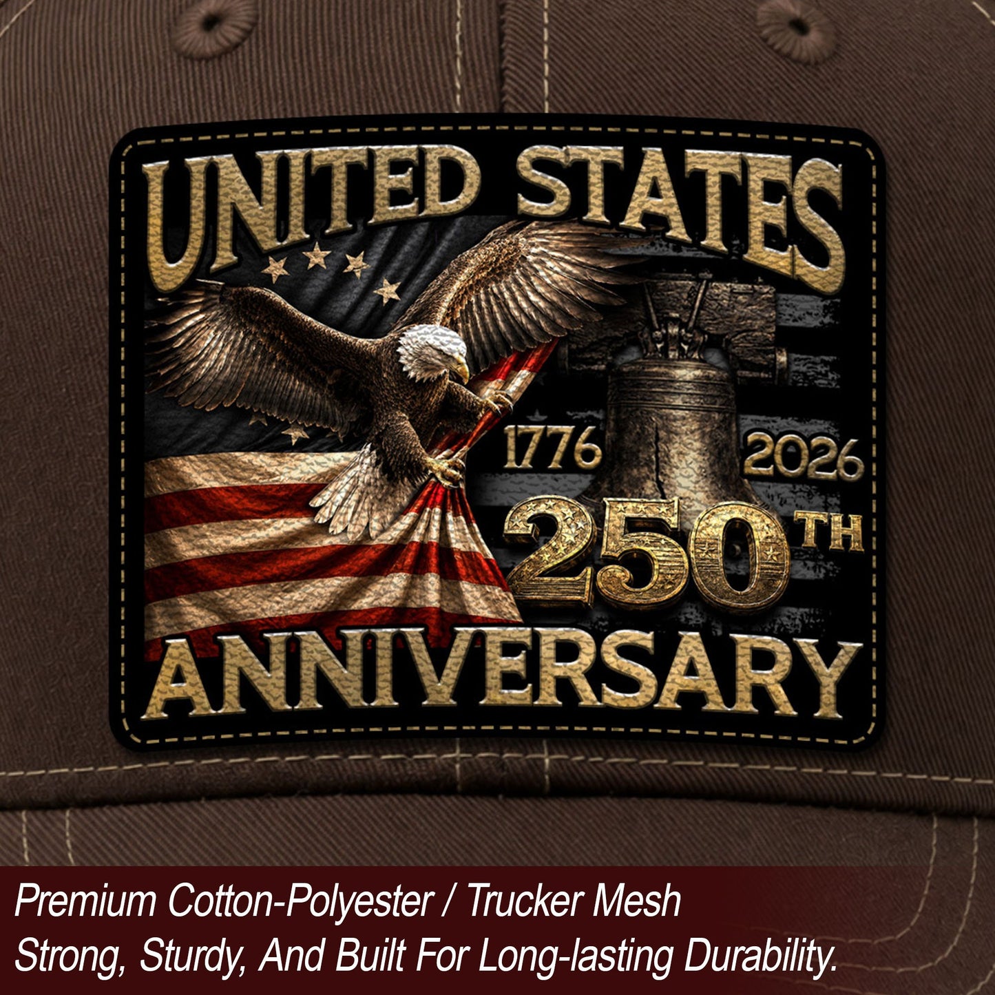US 250th Anniversary Eagle Trucker Hat Vintage Leather Patch Patriotic Historic Cap
