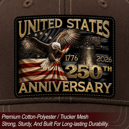 US 250th Anniversary Eagle Trucker Hat Vintage Leather Patch Patriotic Historic Cap