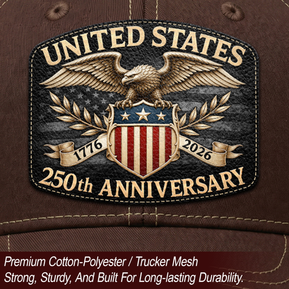 1776 to 2026 Anniversary Brown Tan Mesh Back Hat Leather Patch Trucker Cap