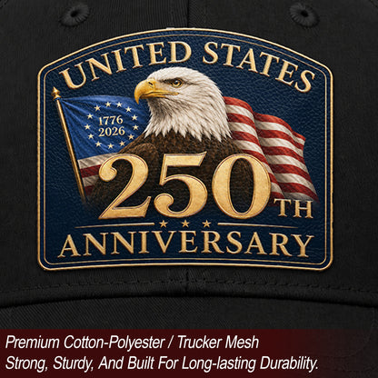 Structured Black Mesh Cap Leather Patch 1776 to 2026 Anniversary Headwear