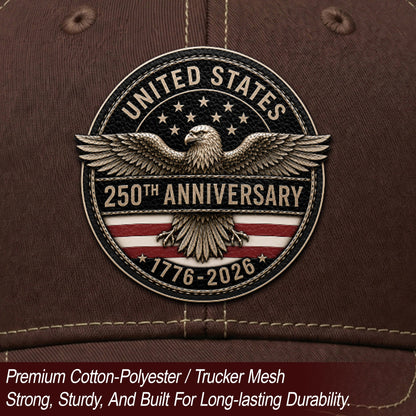 United States 250th Anniversary Leather Patch Hat Patriotic Mesh Back Cap Brown
