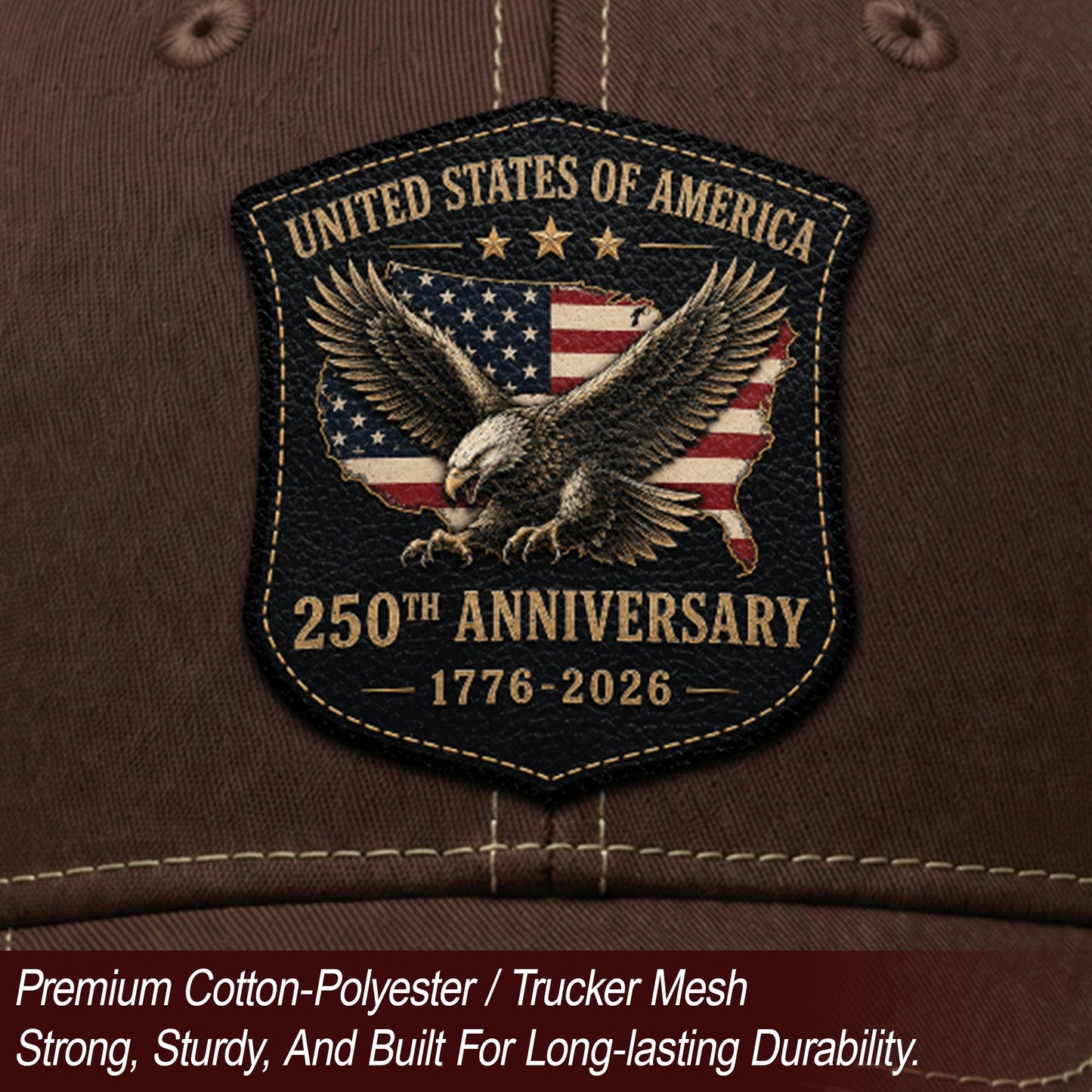Vintage Style USA 250th Anniversary Leather Patch Hat Patriotic Mesh Back Cap