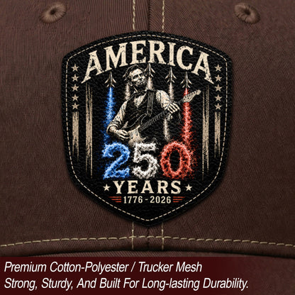 Leather Patch Hat Abraham Lincoln Guitar 1776-2026 Anniversary Cap Patriotic Brown Mesh