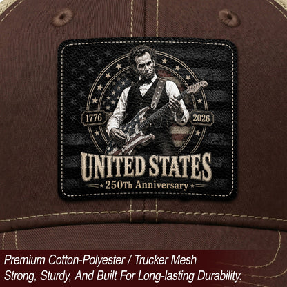 Brown Mesh Cap Abraham Lincoln Guitar 1776-2026 Anniversary Leather Patch Patriotic Hat