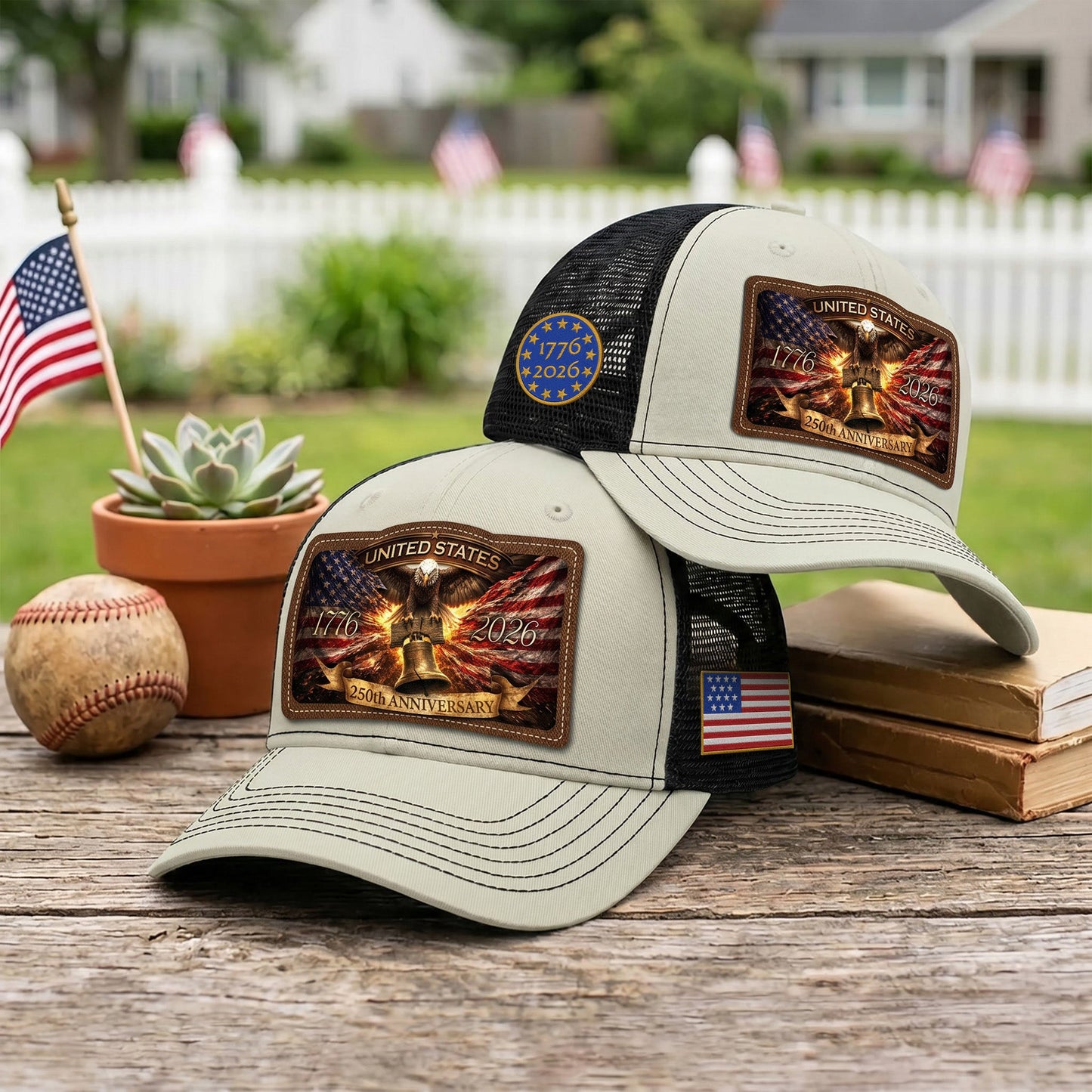 US 250th Anniversary Leather Patch Hat Liberty Bell Eagle Off White Trucker Cap