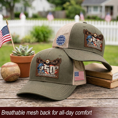 US 250th Anniversary Leather Patch Hat Patriotic Eagle Trucker Cap