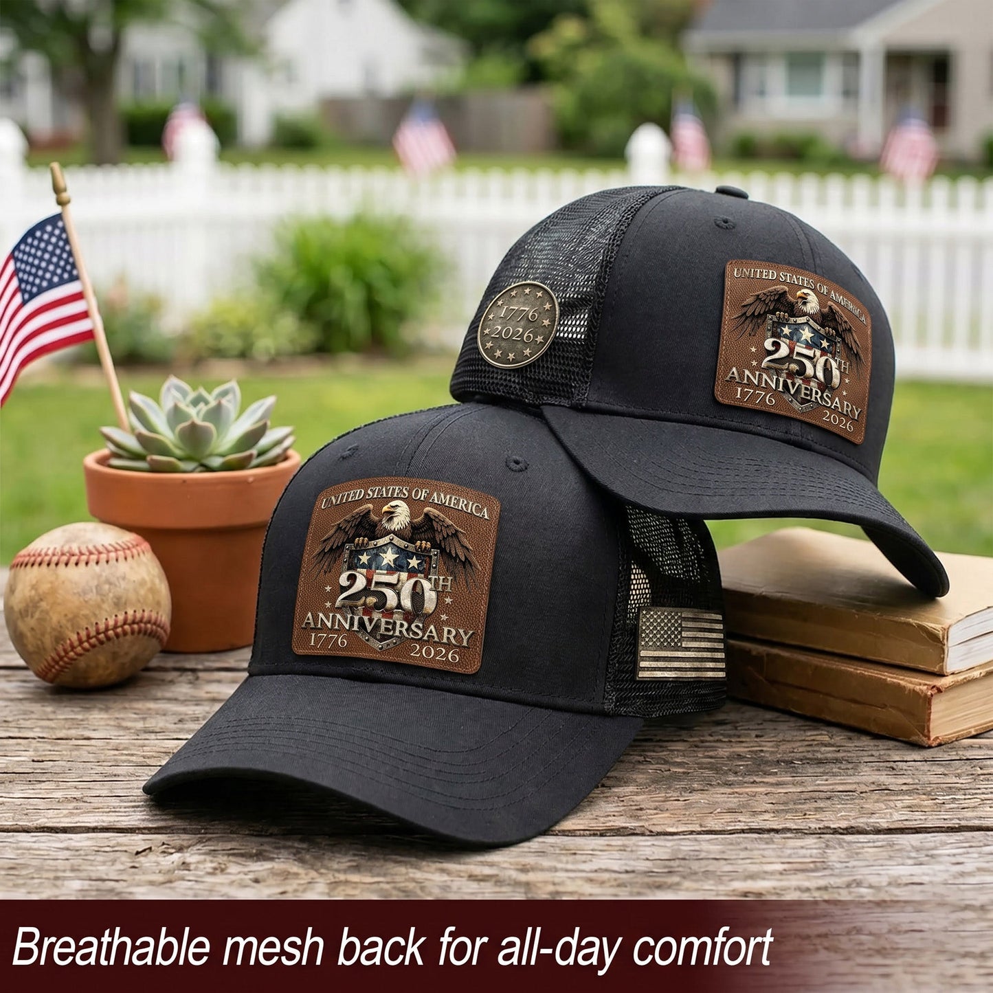 US 250th Anniversary Leather Patch Hat Patriotic Eagle Shield Black Trucker Cap