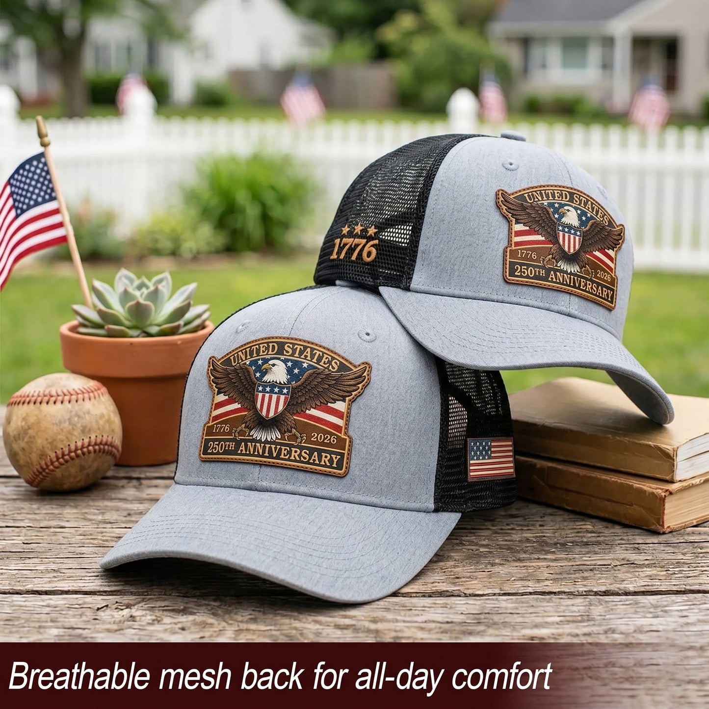 US 250th Anniversary Leather Patch Hat Patriotic Eagle Shield Trucker Cap