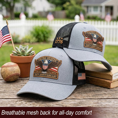 US 250th Anniversary Leather Patch Hat Patriotic Eagle Shield Trucker Cap
