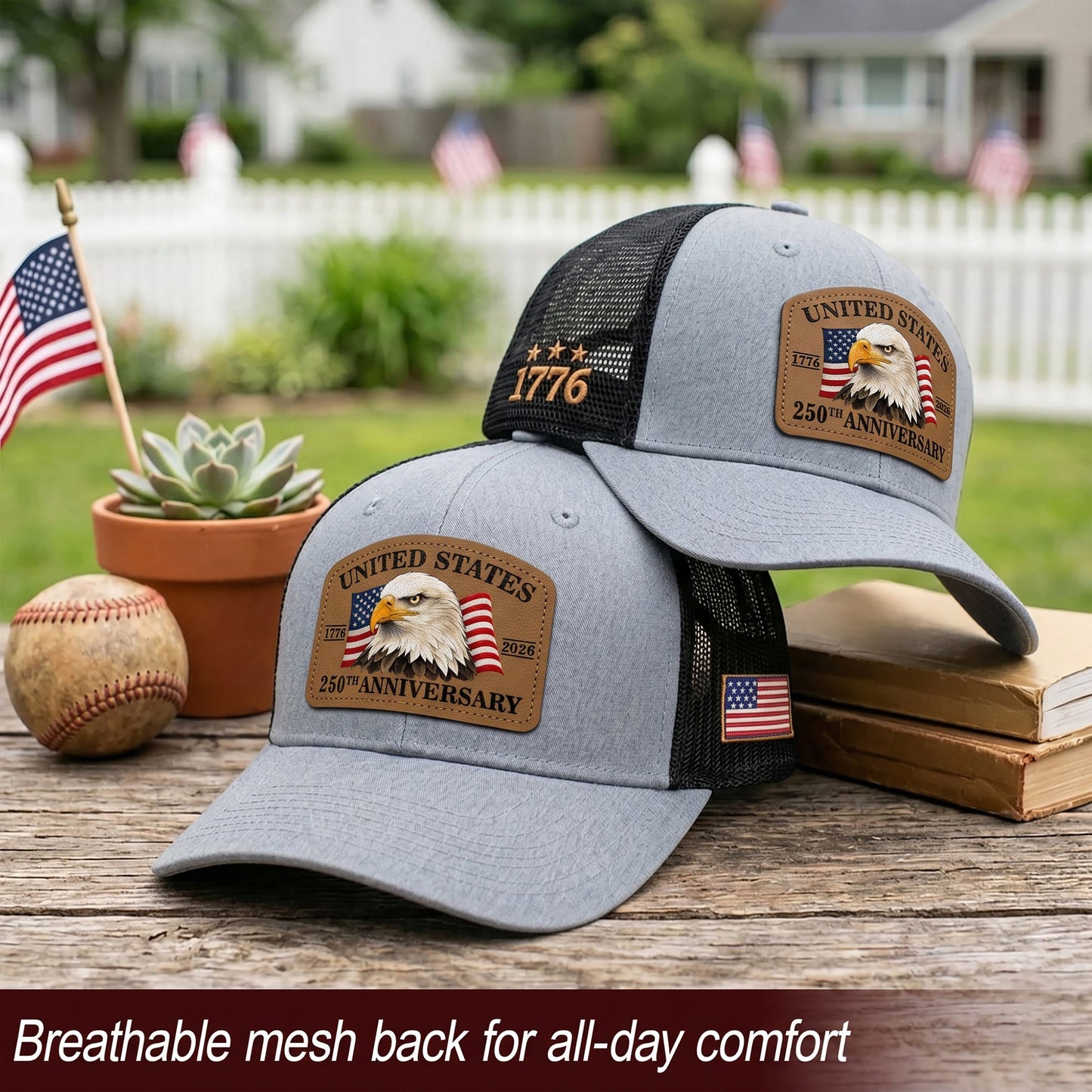 US 250th Anniversary Trucker Hat Patriotic American Eagle Leather Patch Gray Cap