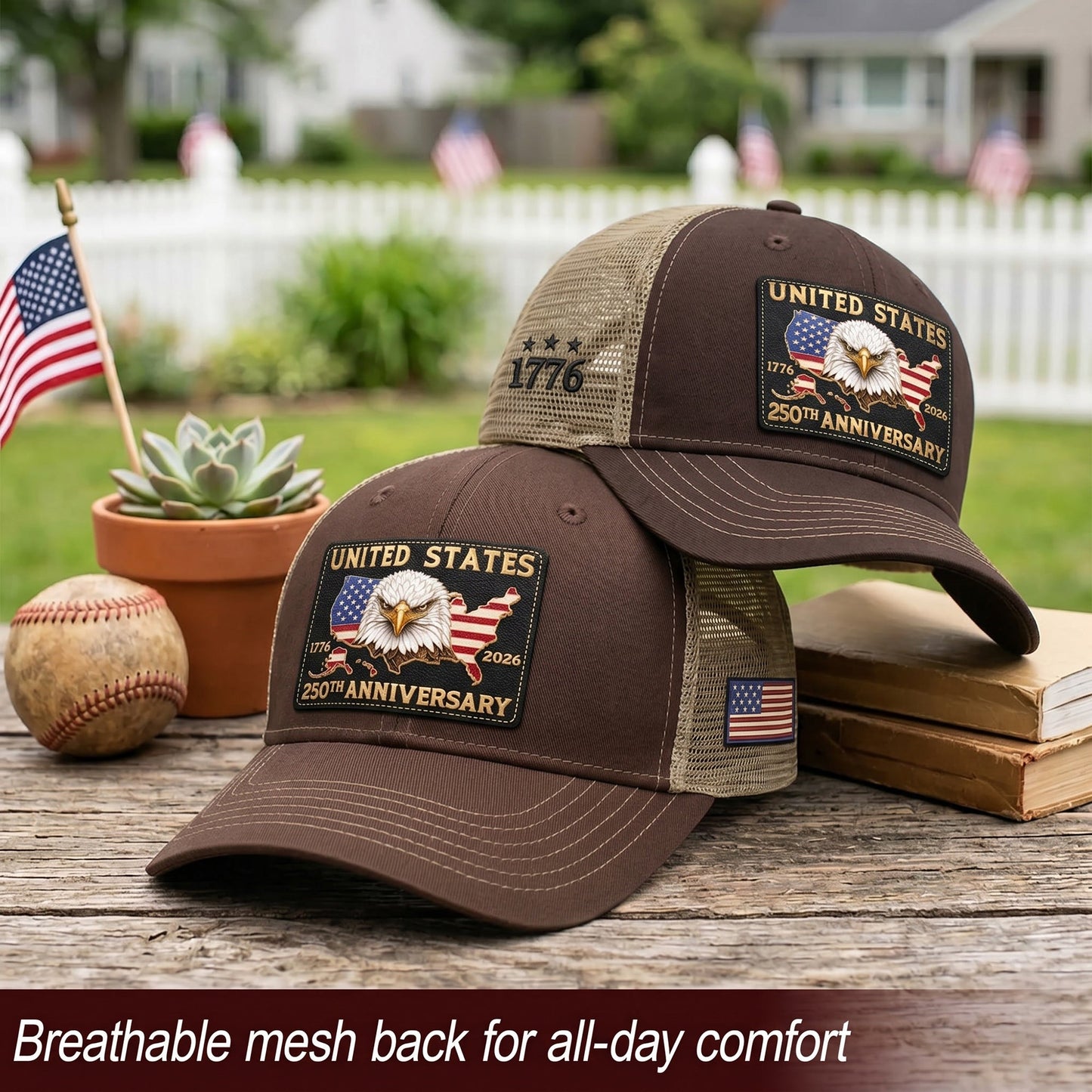 US 250th Anniversary Trucker Hat Vintage American Eagle Leather Patch Brown Cap