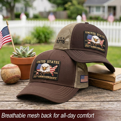 US 250th Anniversary Trucker Hat Vintage American Eagle Leather Patch Brown Cap