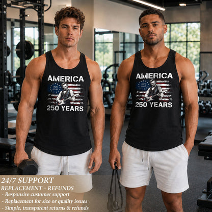 Retro Lincoln Guitar Flag Tank Top 1776-2026 Patriotic Vintage Men Graphic Sleeveless Shirt