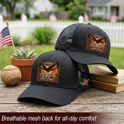 1776-2026 USA Heritage Leather Patch Trucker Cap Patriotic Eagle & Liberty Bell Hat