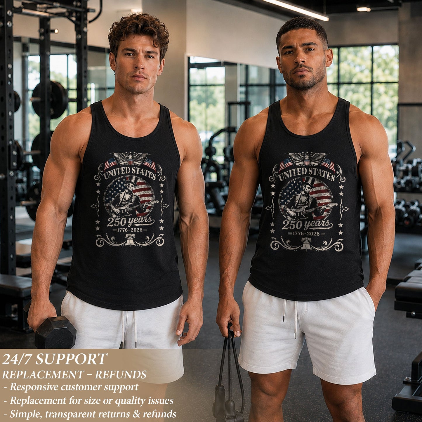 250 Years Freedom Lincoln Guitar Tank Top Men Patriotic Vintage Independence Day Shirt