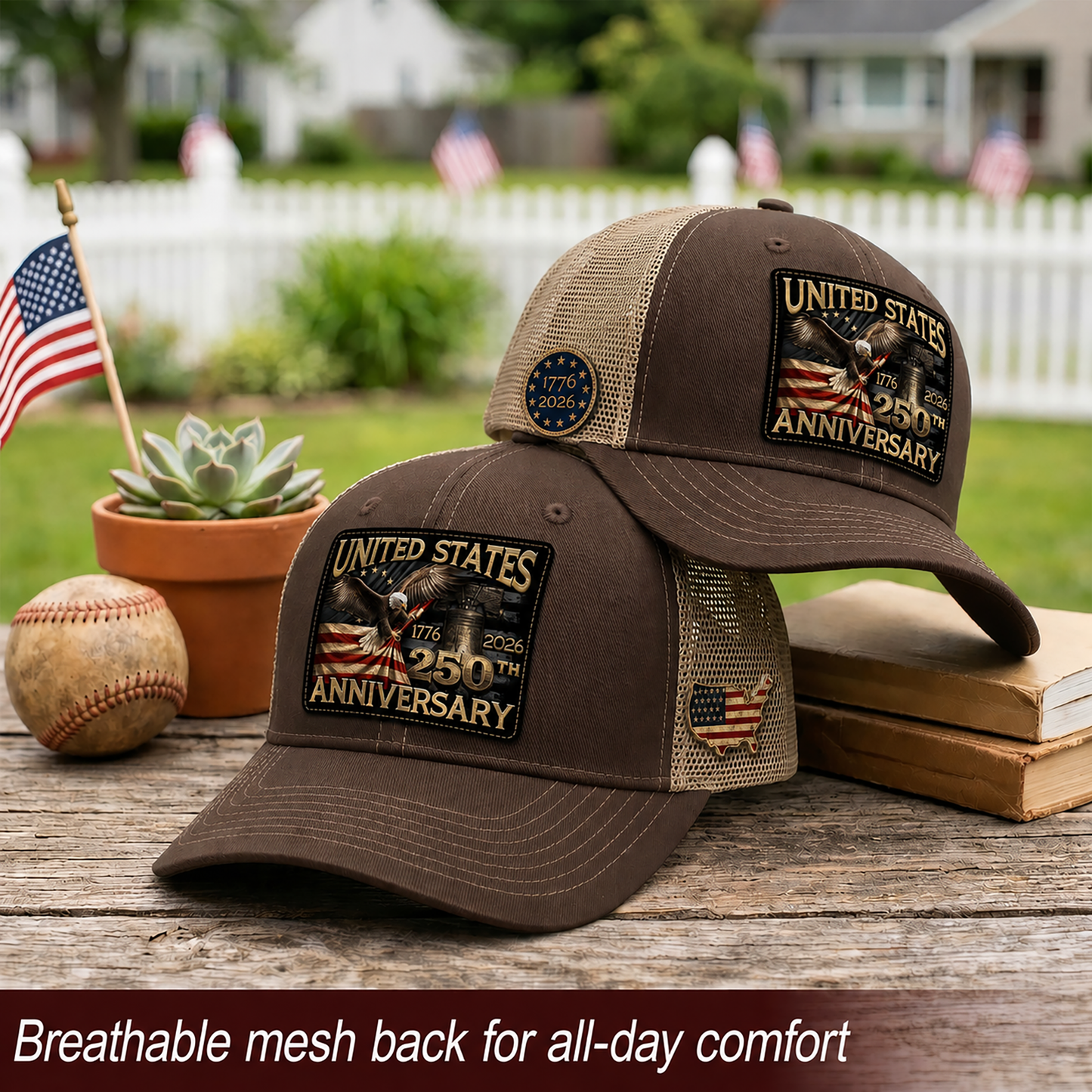 US 250th Anniversary Eagle Trucker Hat Vintage Leather Patch Patriotic Historic Cap