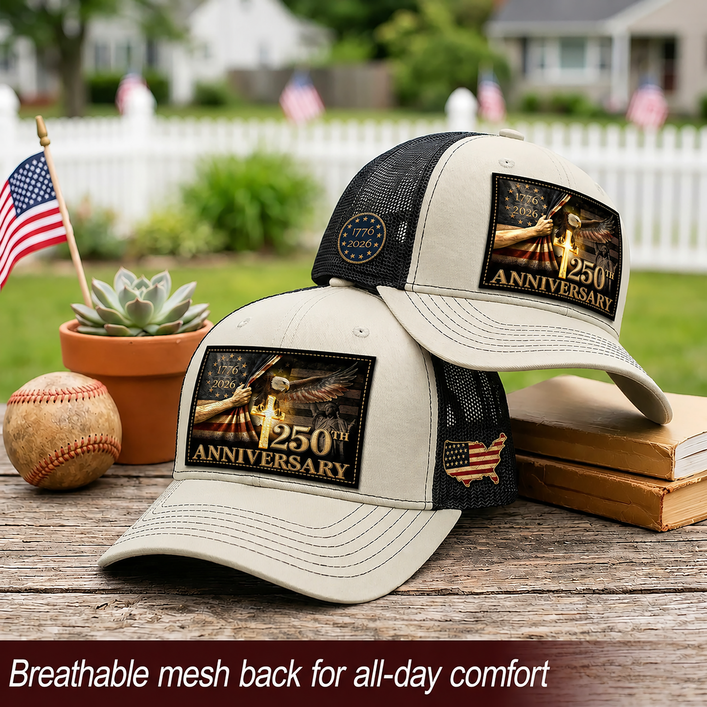 US 250th Anniversary Trucker Hat Christian Cross Eagle Patriotic Leather Patch Mesh Cap