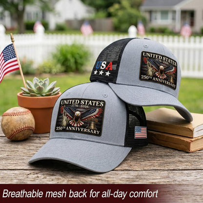 Gray Black Mesh Back Cap Leather Patch 1776 to 2026 Structured Anniversary Hat