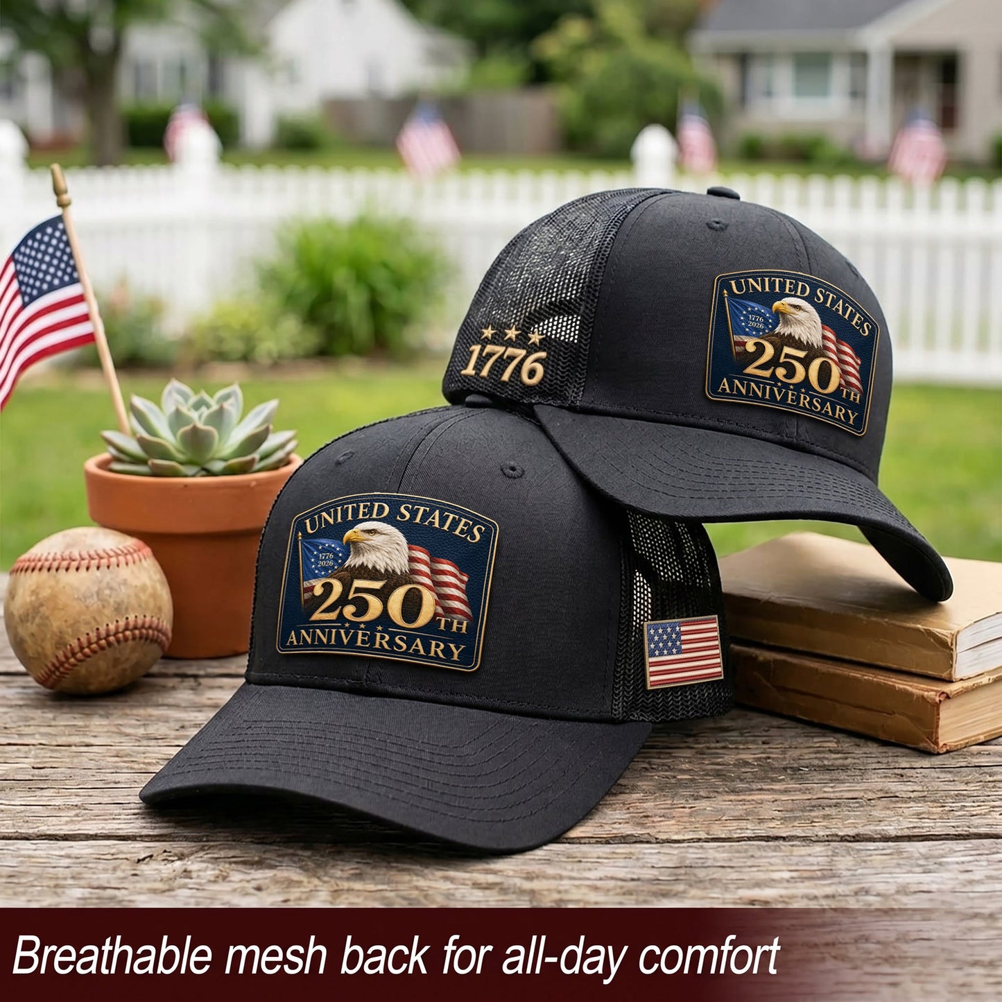 Structured Black Mesh Cap Leather Patch 1776 to 2026 Anniversary Headwear