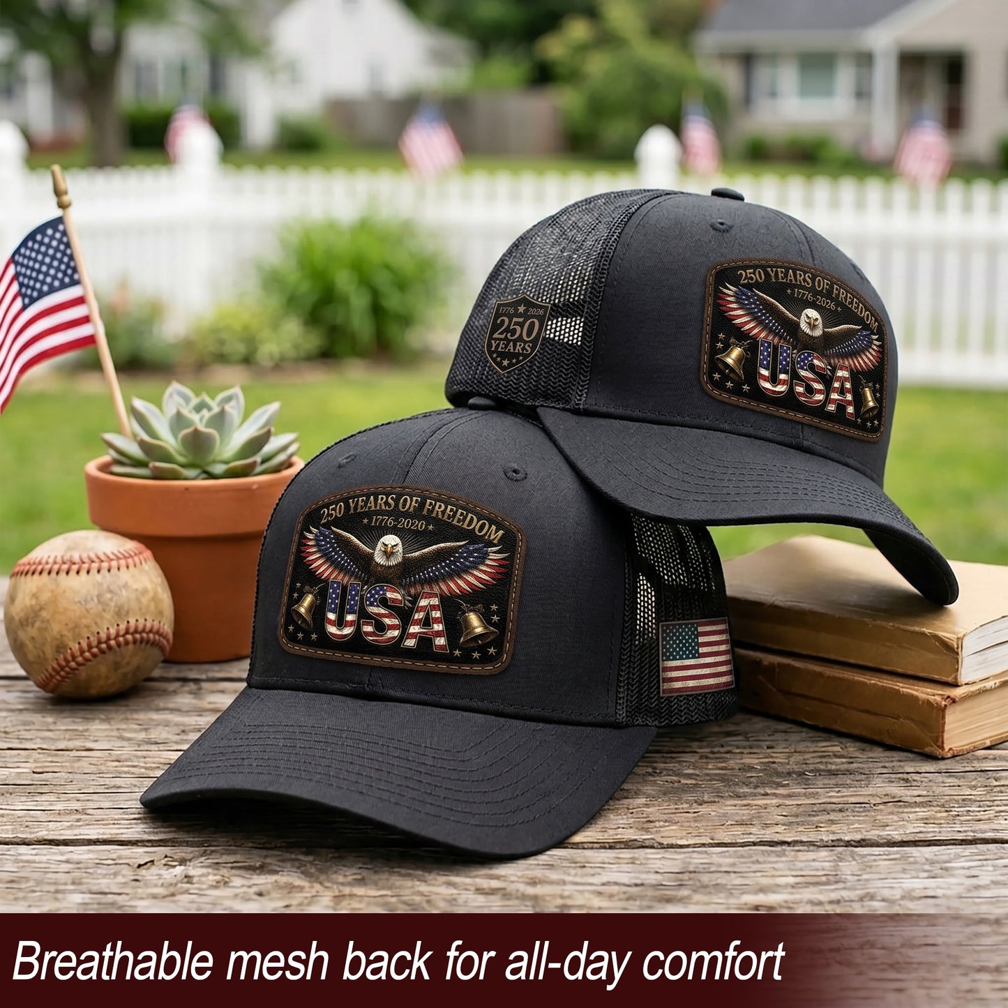 250th Anniversary Freedom Leather Patch Cap - Patriotic Black Trucker Hat