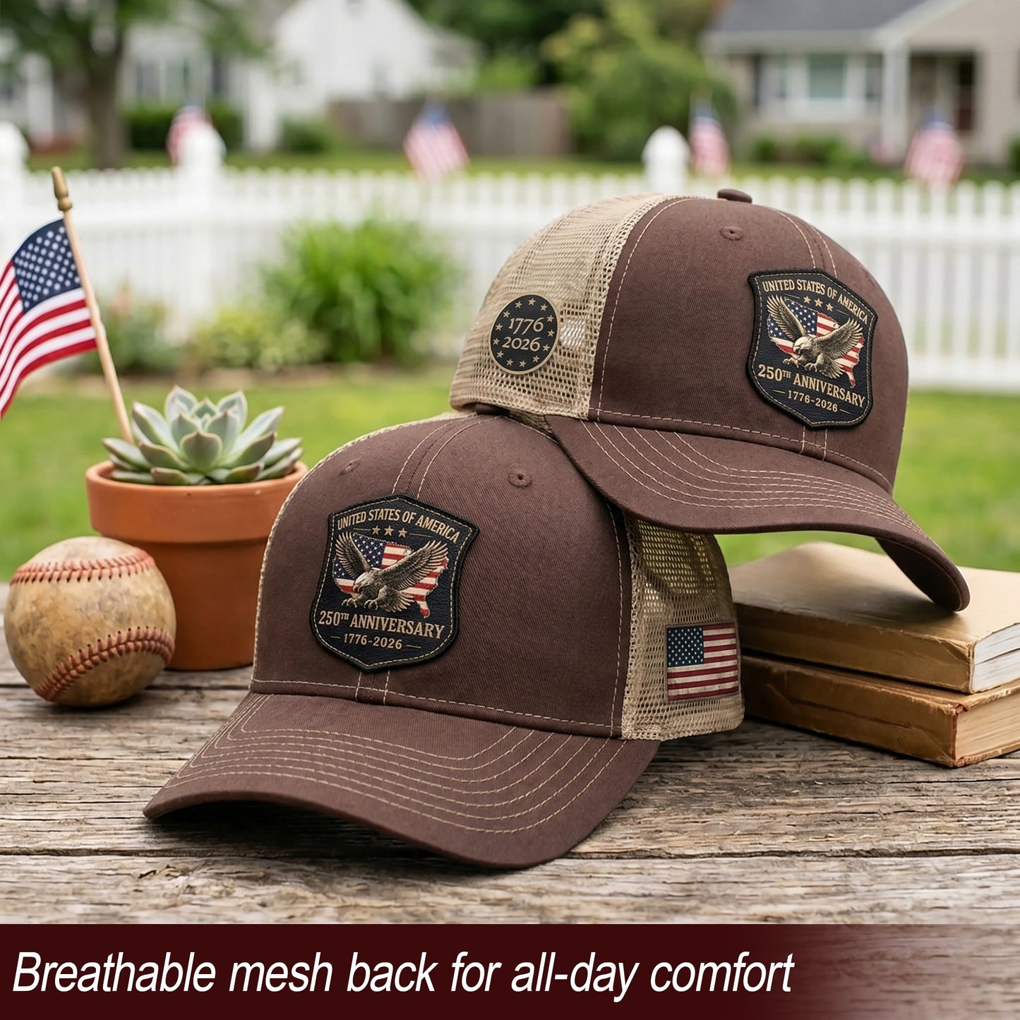 Vintage Style USA 250th Anniversary Leather Patch Hat Patriotic Mesh Back Cap