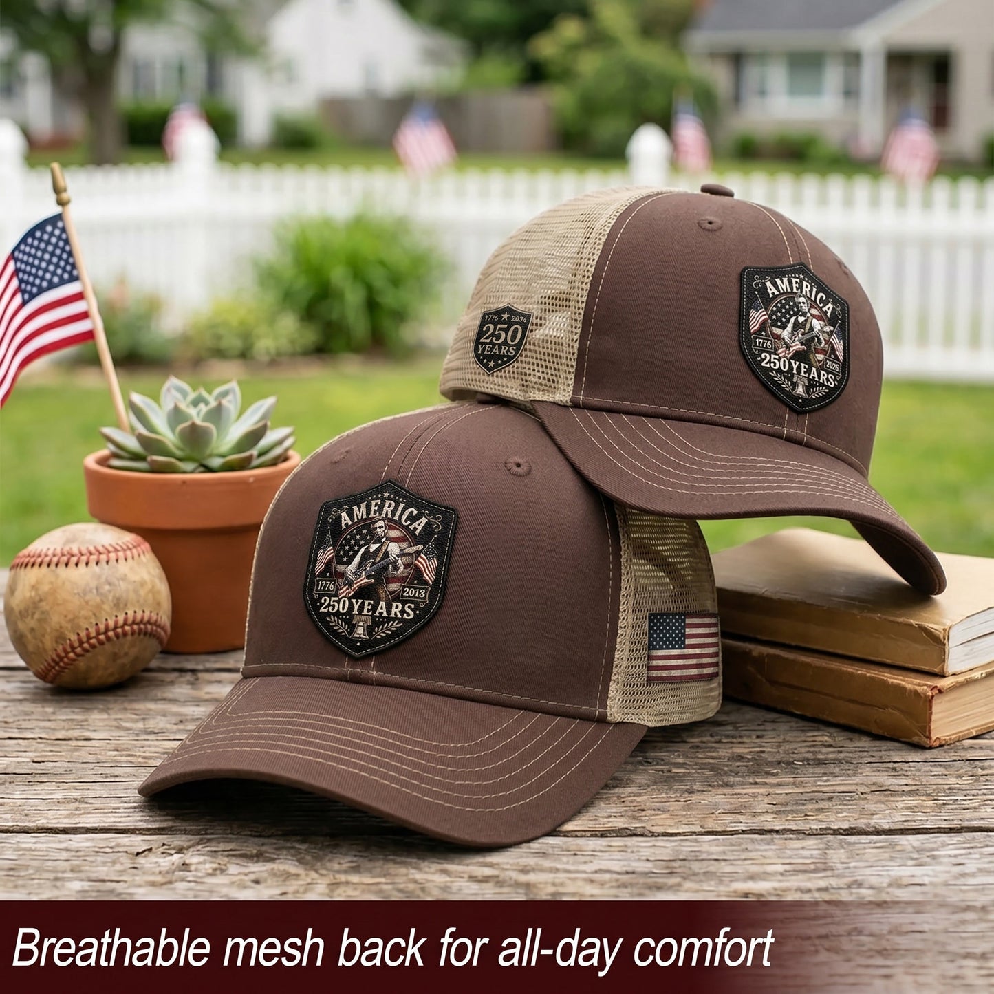 Historic Abraham Lincoln Guitar Leather Patch Cap Patriotic 1776-2026 Brown Mesh Trucker Hat