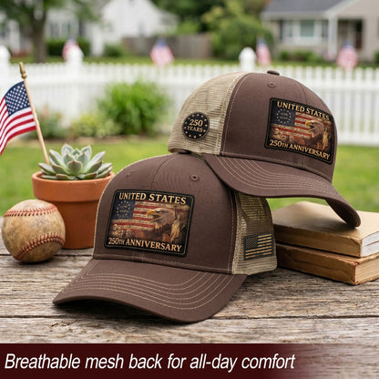 United States 250th Anniversary Leather Patch Hat Patriotic Eagle Mesh Trucker Cap