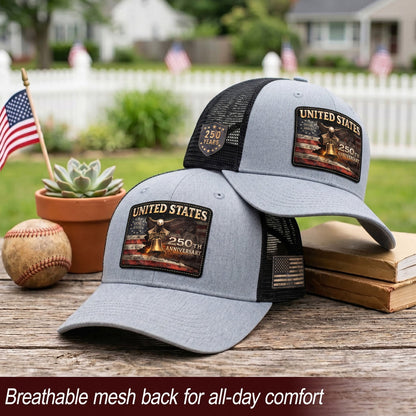 United States 250th Anniversary Leather Patch Hat Patriotic Eagle Bell Mesh Cap