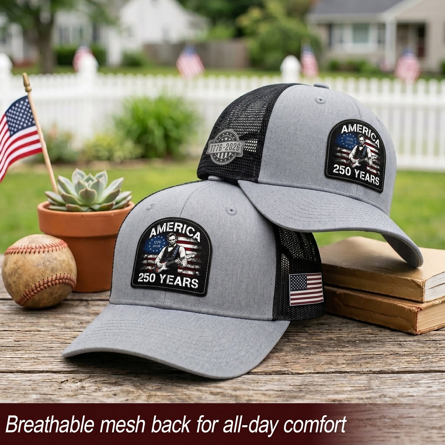 Lincoln Guitar Patch Patriotic Trucker Cap - Premium Mesh Back Hat for USA Anniversary 1776-2026