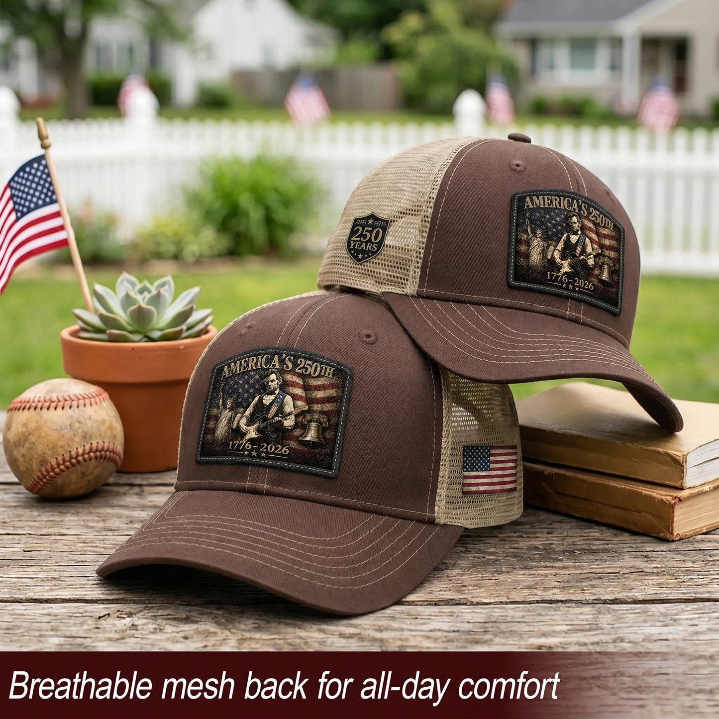 Brown Lincoln Statue Liberty 250th Anniversary Hat 1776-2026 Patriotic Trucker Cap