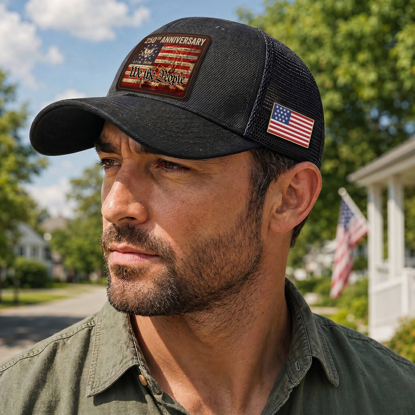 US 250th Anniversary Leather Patch Hat We The People Constitution Trucker Cap
