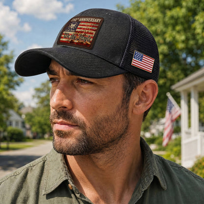 US 250th Anniversary Leather Patch Hat We The People Constitution Trucker Cap