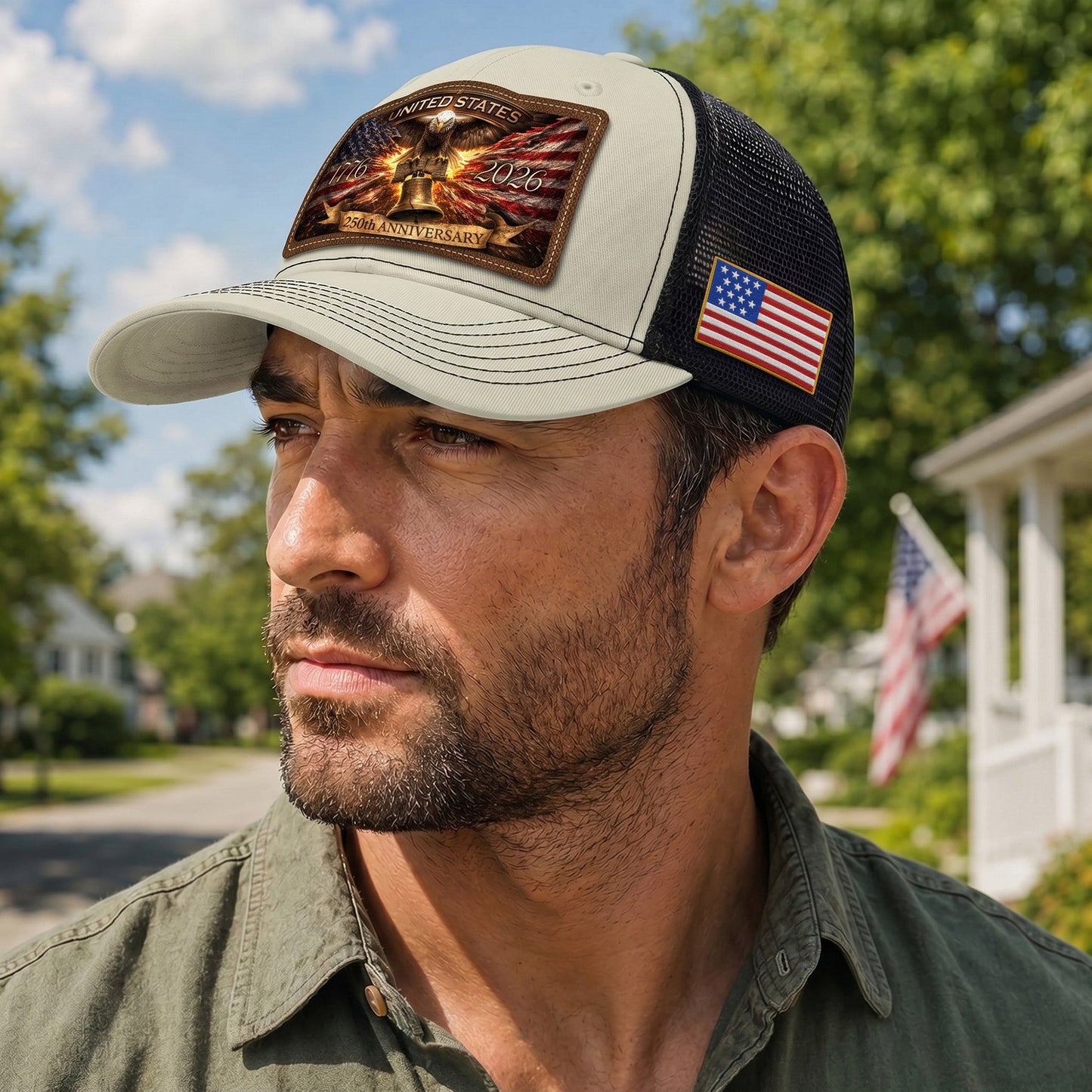 US 250th Anniversary Leather Patch Hat Liberty Bell Eagle Off White Trucker Cap