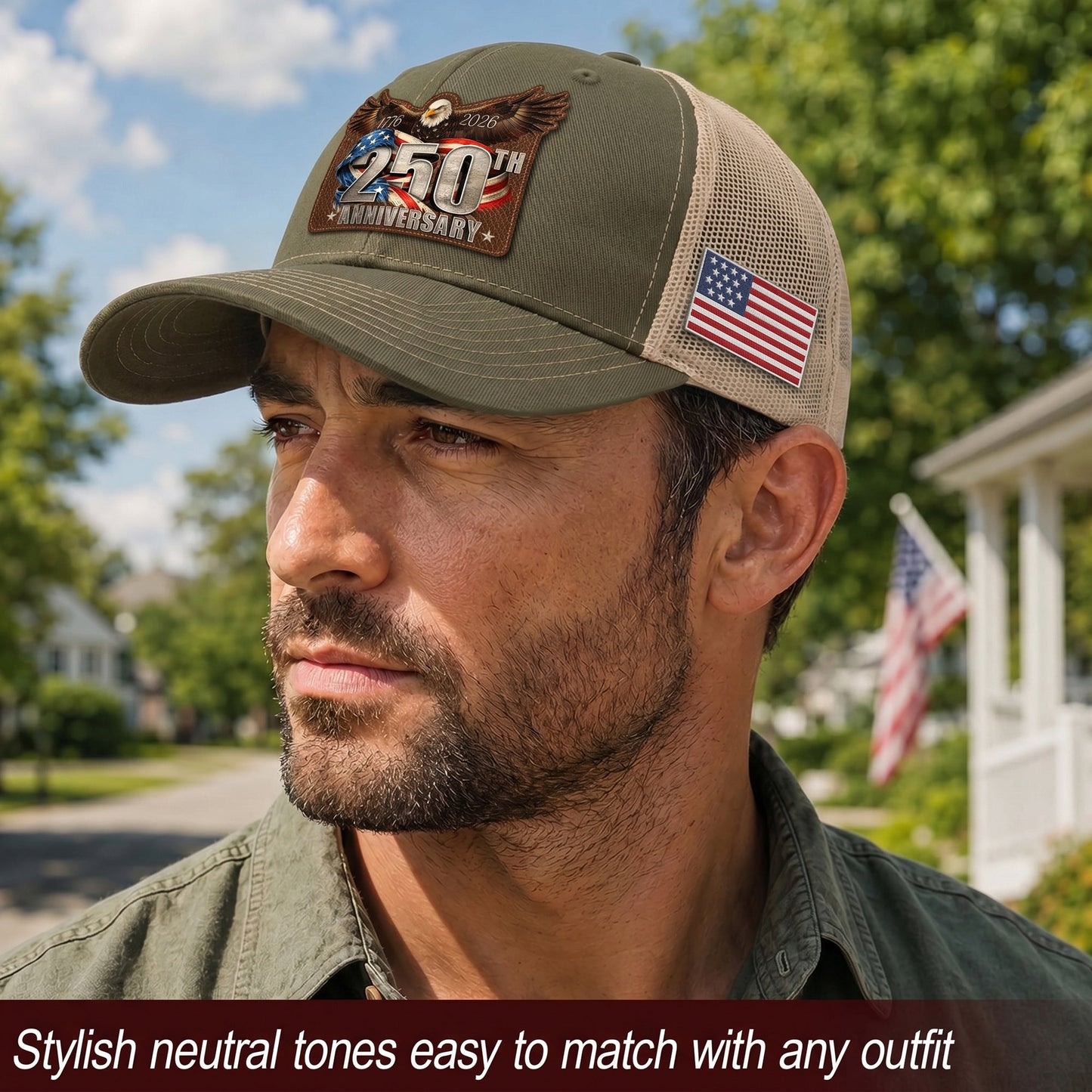 US 250th Anniversary Leather Patch Hat Patriotic Eagle Trucker Cap