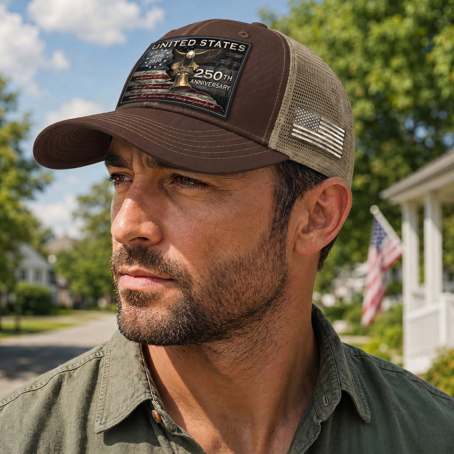 US 250th Anniversary Hat Pledge of Allegiance Liberty Bell Brown Trucker Cap